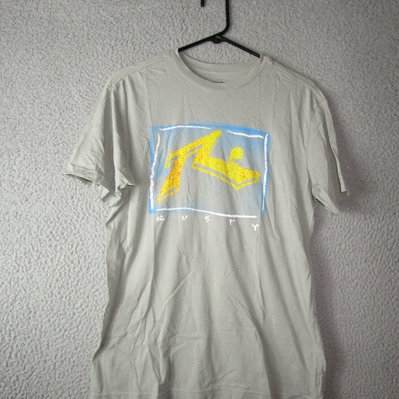 RUSTY MEN'S T-SHIRT GRAY BLUE YELLOW MEDIUM COTTON - Picture 1 of 3